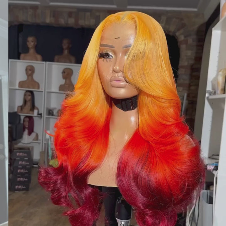 SZC Ombre Ginger Red Black Body Wave Virgin Lace Front Human Hair Wig