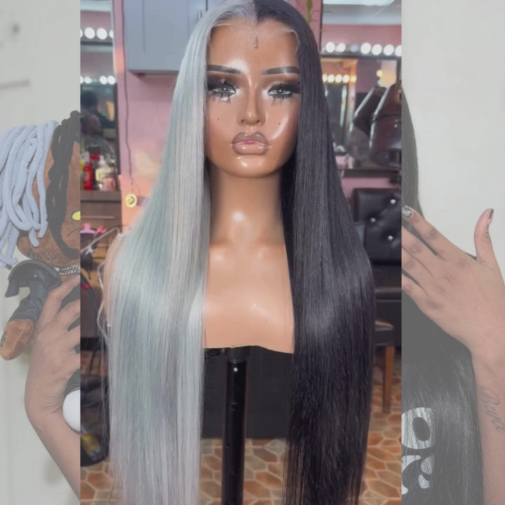 SZC Halloween Cosplay Half Gray Half Black 13x4 Lace Front Virgin Human Hair Wigs