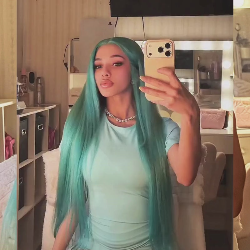 SZC Aqua Teal Blue Green 13x4 Lace Front Human Hair Wig 200 Density