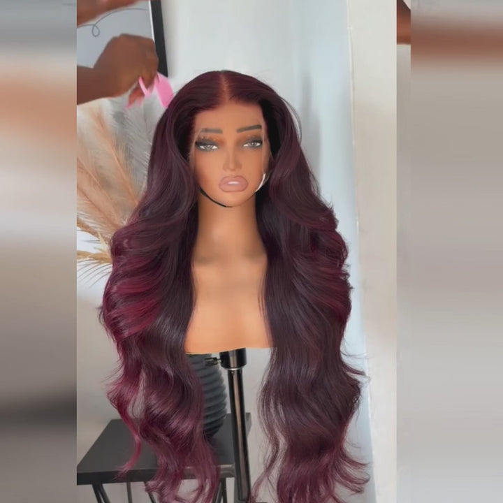 SZC Dark Burgundy Red Loose Wavy 300 Density 13x4 Lace Front Human Hair Wigs