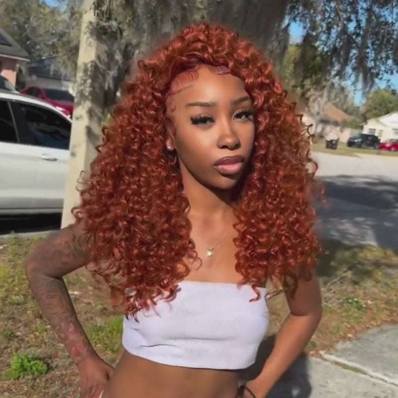 SZC Bouncy Springy Coils Tight Curly Copper Reddish Orange Brown 300 Density 13x4 Lace Front Human Hair Wig