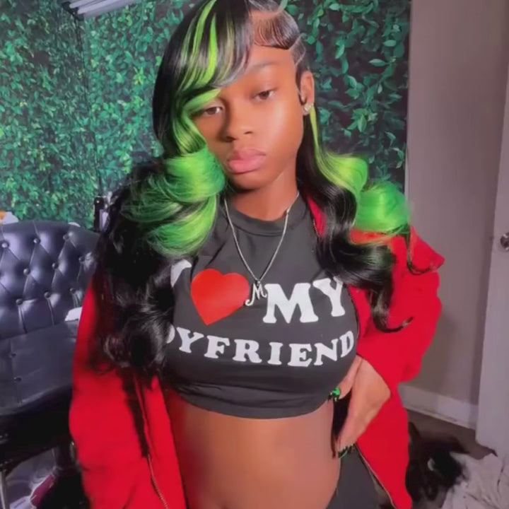 SZC Black With Green Highlights Streaks 13x4 Lace Front Virgin Human Hair Wigs