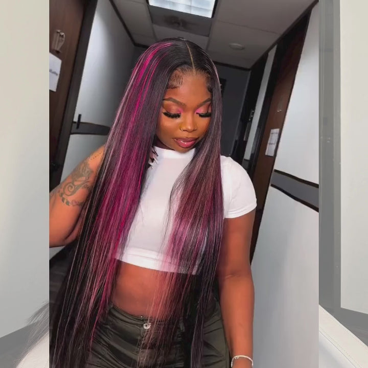 SZC Black With Purple Red Bone Straight 13x4 HD Lace Front Human Hair Wig