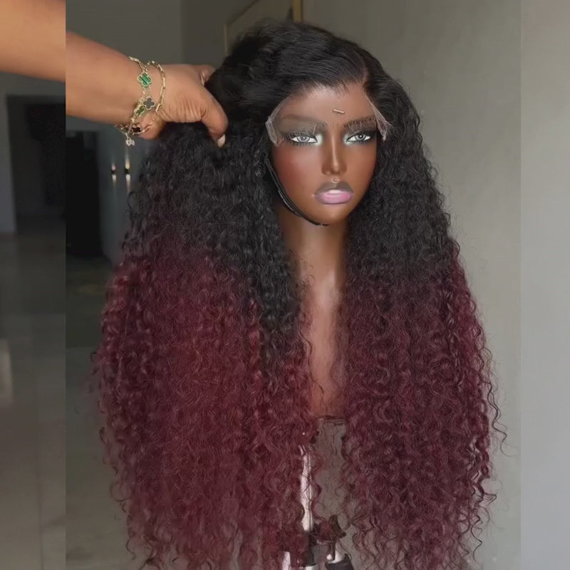 SZC Ombre Black Burgundy Red Kinky Curly 250 300 Density 13x4 Lace Front Human Hair Wig