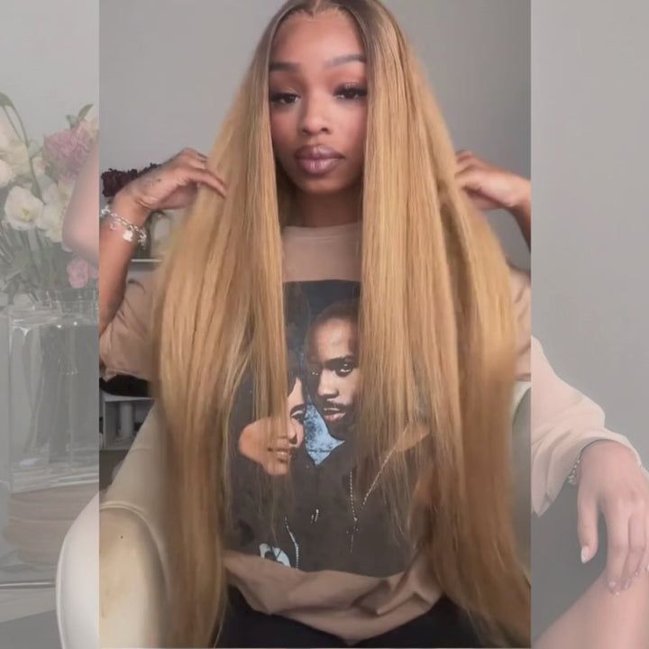 SZC Strawberry Honey Blonde With Dark Roots 13x4 Lace Front Virgin Human Hair Wigs 200 Density