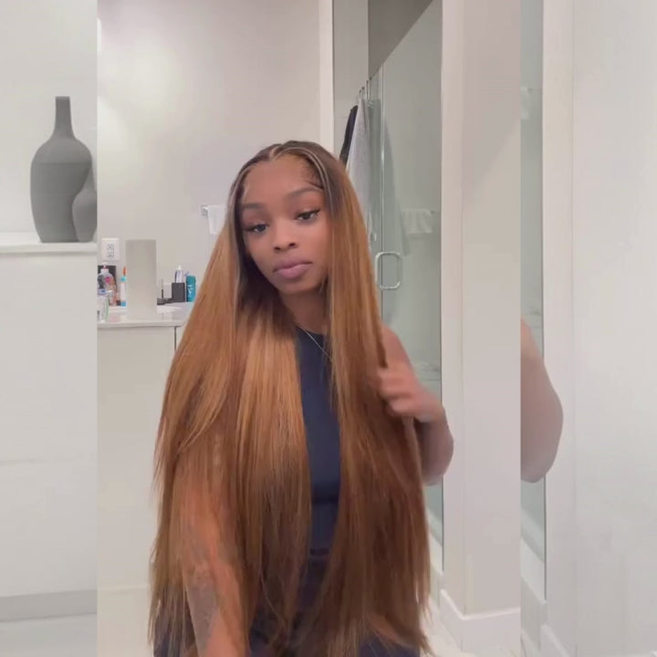 SZC Caramel Brown With Dark Roots 13x4 Lace Front Virgin Human Hair Wigs 200 Density