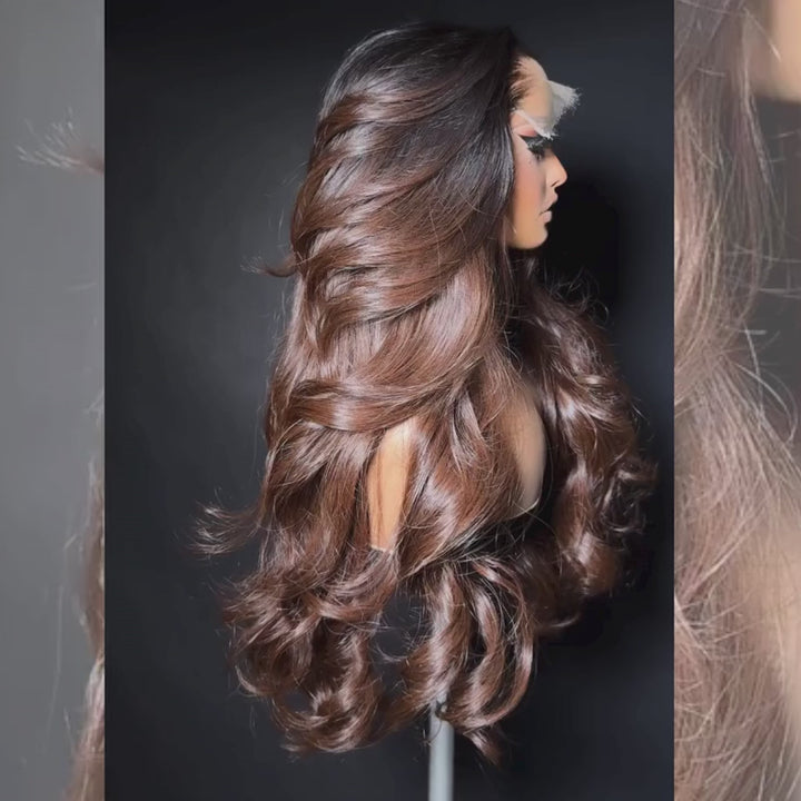 SZC 300 Density Natural Black Roots Soft Chocolate Brown Ombre 13x4 Lace Front Human Hair Wig
