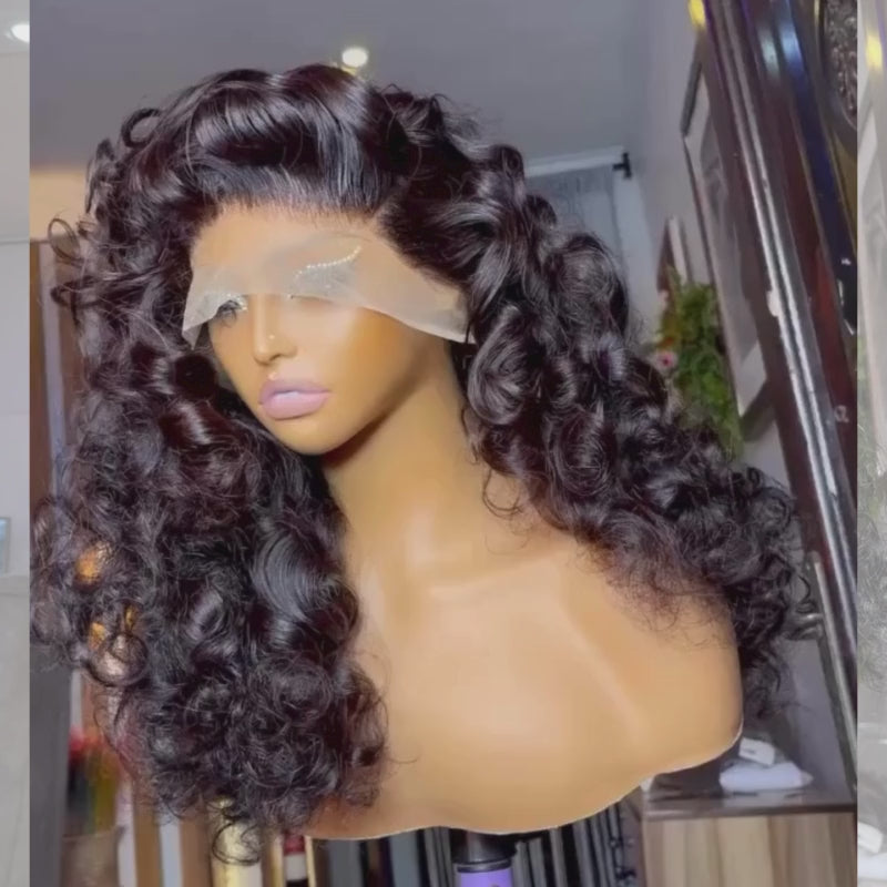 SZC 250 300 Density Bouncy Loose Deep Curls 13x4 Lace Front Virgin Human Hair Wigs