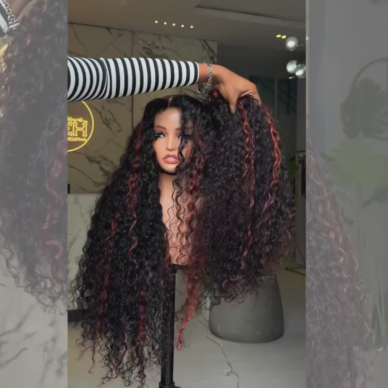 SZC Black Cherry Red Highlights Deep Curly Wave 300 Density 13x4 Lace Front Human Hair Wigs