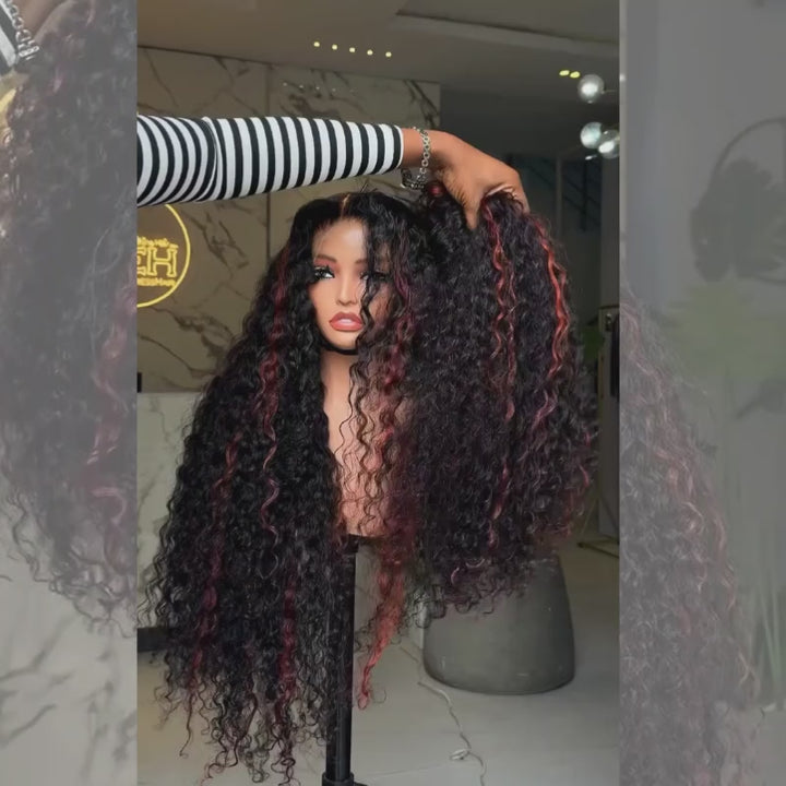 SZC Black Cherry Red Highlights Deep Curly Wave 300 Density 13x4 Lace Front Human Hair Wigs