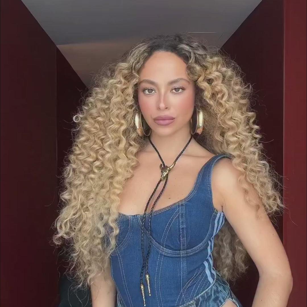 SZC Strawberry Honey Blonde With Dark Roots Bohemian Spring Loose Curl Human Hair Wigs