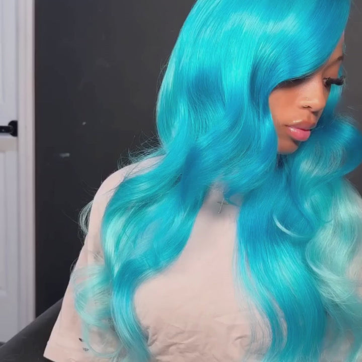 SZC Pastel Ocean Blue 200 Density HD Lace Front Body Wave Virgin Hair Wig