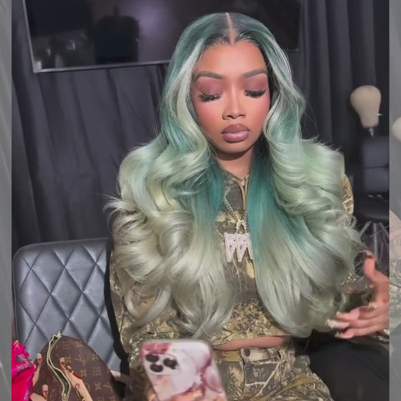 SZC Ombre Ash Blue Gray Skunk Stripe 13x4 HD Lace Front Human Hair Wig