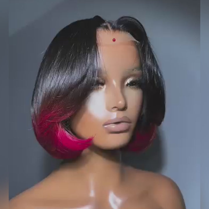 SZC Short Bob Pixie Cut Ombre Black 99J Red Straight 13x4 Lace Front Virgin Human Hair Wigs