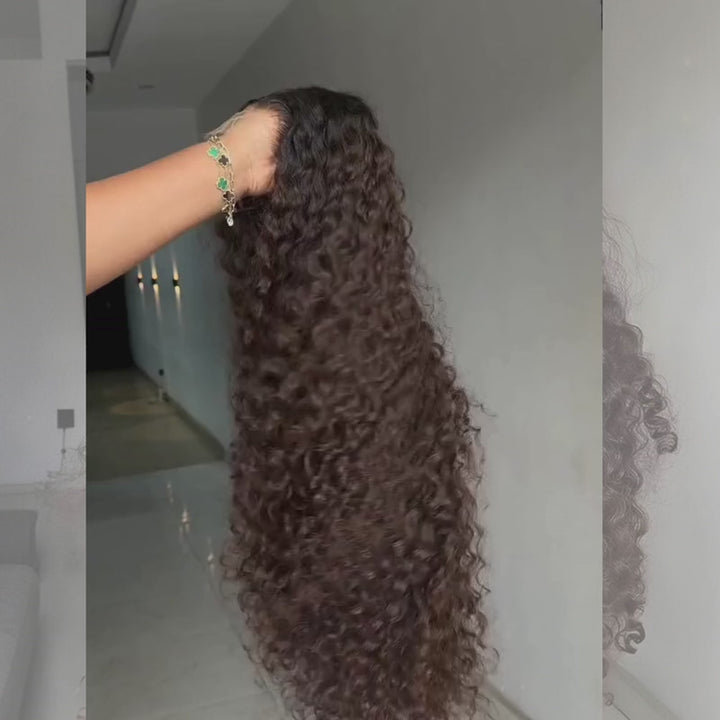 SZC Chocolate Brown Burmese Curly 13x4 Lace Front Human Hair Wig 250 300 Density