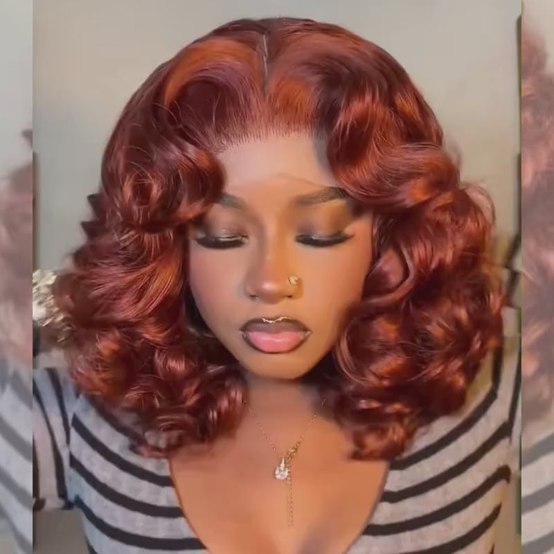 SZC Copper Auburn Ginger Short Bouncy Barrel Curls Bob 13x4 Lace Front Human Hair Wigs