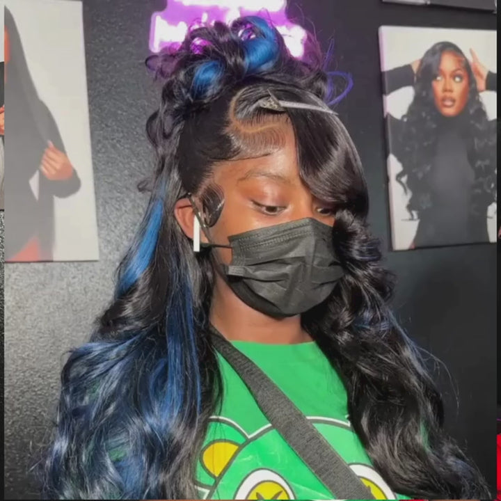 SZC Black With Blue Highlights 13x4 Lace Front Virgin Remy Human Hair Wigs 200 Density