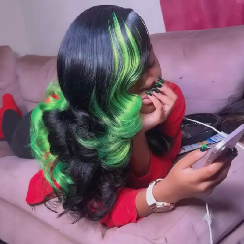 SZC Black With Green Highlights Streaks 13x4 Lace Front Virgin Human Hair Wigs