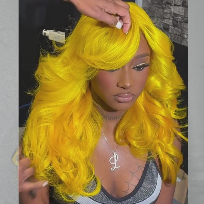SZC Neon Yellow Curtain Bangs 13x4 HD Lace Front Virgin Human Hair Wig