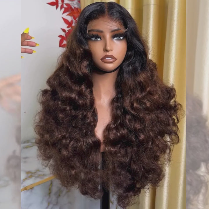 SZC Ombre Black Brown Bouncy Loose Wave 300 Density 13x4 Lace Front Human Hair Wigs