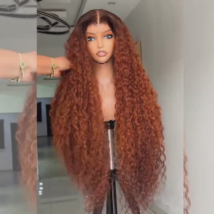 SZC Copper Auburn Orange Brown Deep Curly 250 300 Density 13x4 Lace Front Human Hair Wig