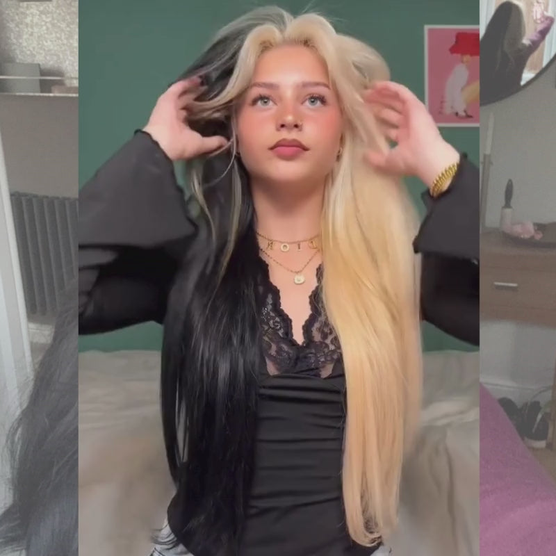 SZC Half Blonde Half Black Skunk Stripe 13x4 Lace Front Virgin Human Hair Wigs