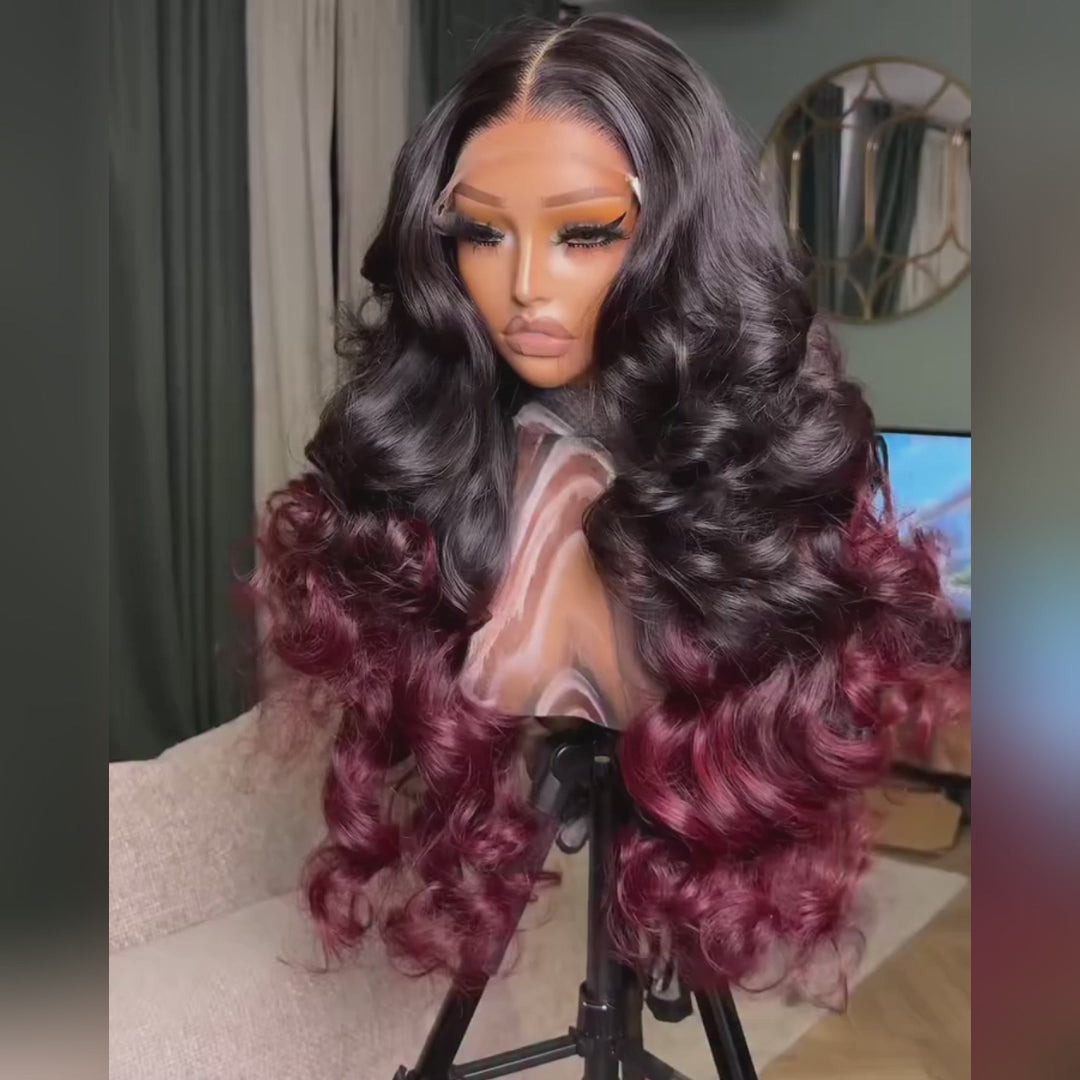 SZC Ombre Black Deep Burgundy Red Voluminous Soft Big Bouncy Loose Body Wave Curls 300 Density 13x4 Lace Front Human Hair Wig