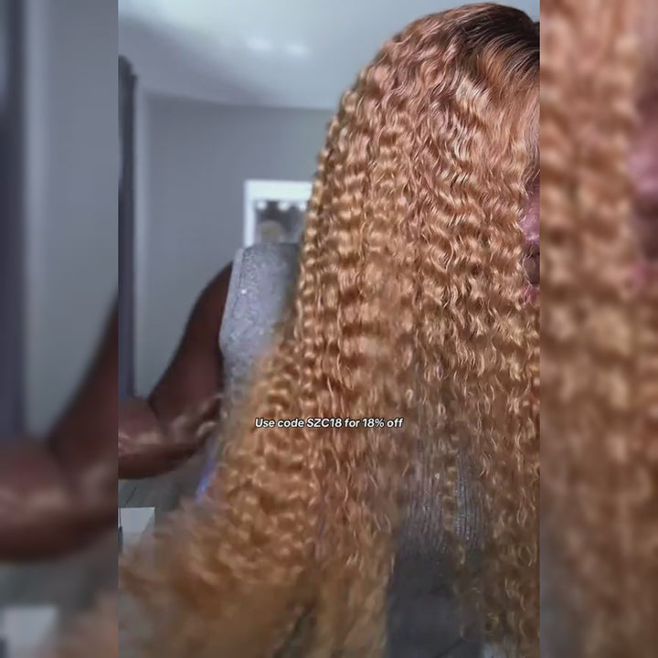 SZC Strawberry Honey Blonde With Dark Roots Bohemian Spring Loose Curl Human Hair Wigs