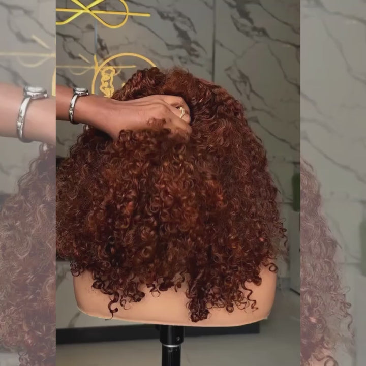 SZC 250 300 Density Copper Auburn Brown Deep Curly Bob 13x4 Lace Front Human Hair Wig