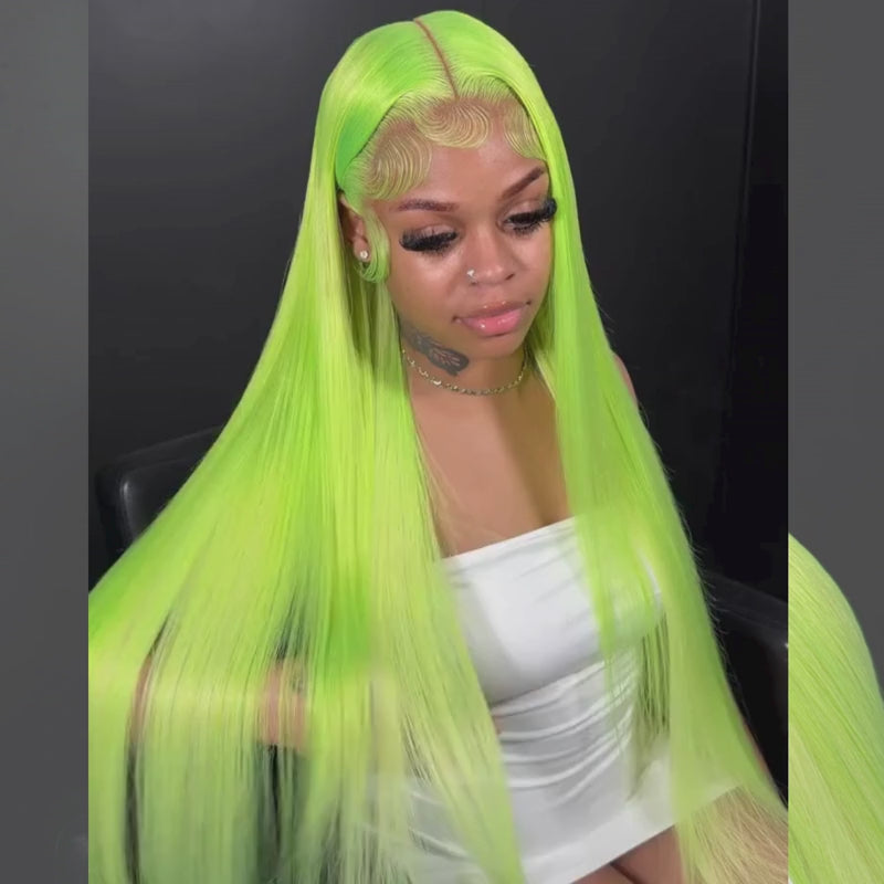 SZC Neon Electric Lime Green 13x4 Lace Front Virgin Human Hair Wigs 200 Density
