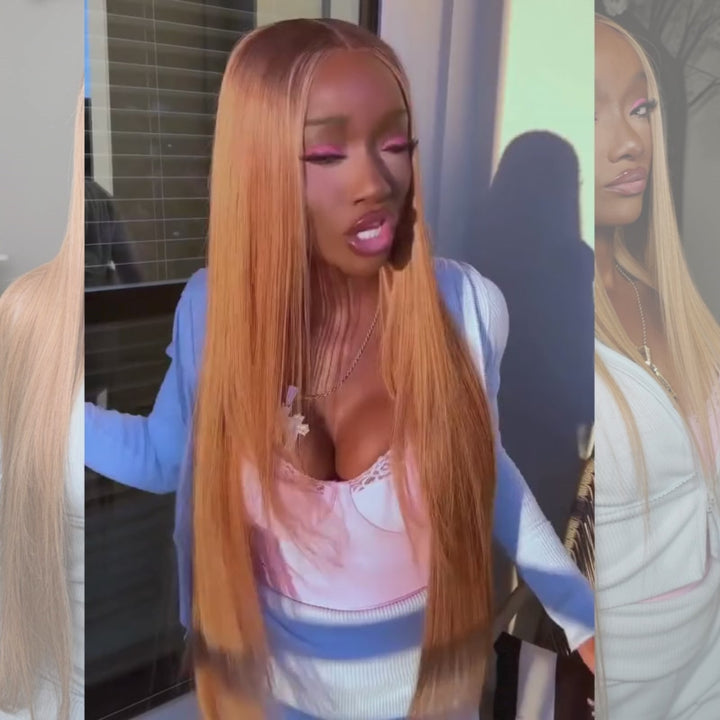 SZC Ombre Dark Brown Strawberry Honey Blonde Highlight Straight 13x4 Lace Front Human Hair Wigs