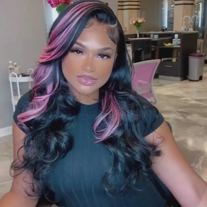 SZC Black With Lavender Pink Highlight Streaks 13x4 HD Lace Front Human Hair Wigs