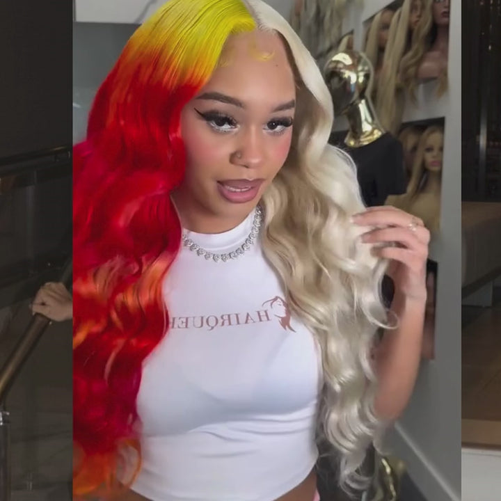 SZC Split Dye Half Blonde Half Ombre Yellow Hot Red13x4 Lace Front Virgin Human Hair Wig