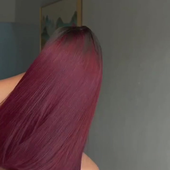 SZC 8 10 12 inch Short Bob Burgundy Red With Dark Roots 13X4 Lace Front Human Hair Wigs