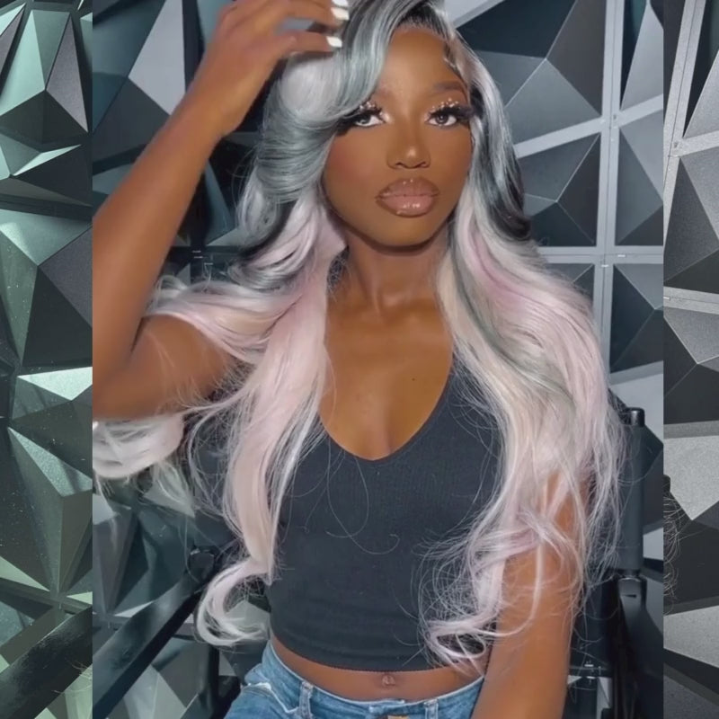 SZC Black Gray Pink Streaks 13x4 HD Lace Front Virgin Human Hair Wigs