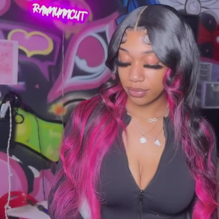 SZC Black with Hot Pink Money Piece Streaks 13x4 Lace Front Human Hair Wig