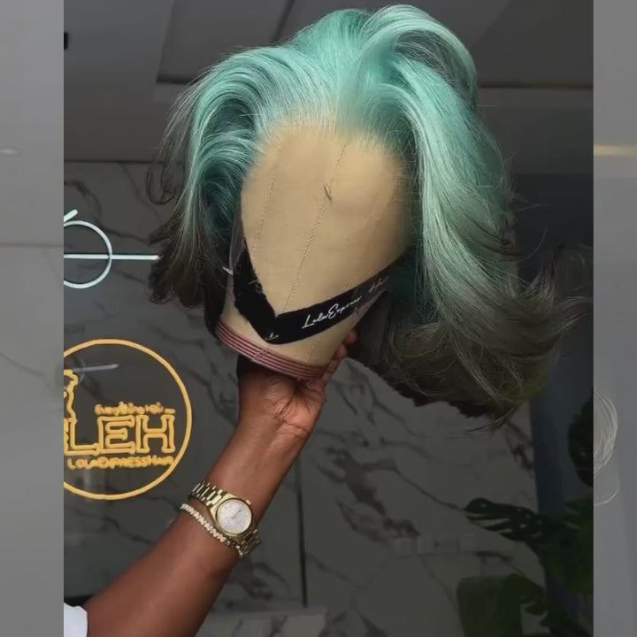 SZC Ombre Pastel Green Black 8 10 12 inch Short Bob 13x4 Lace Front Human Hair Wig