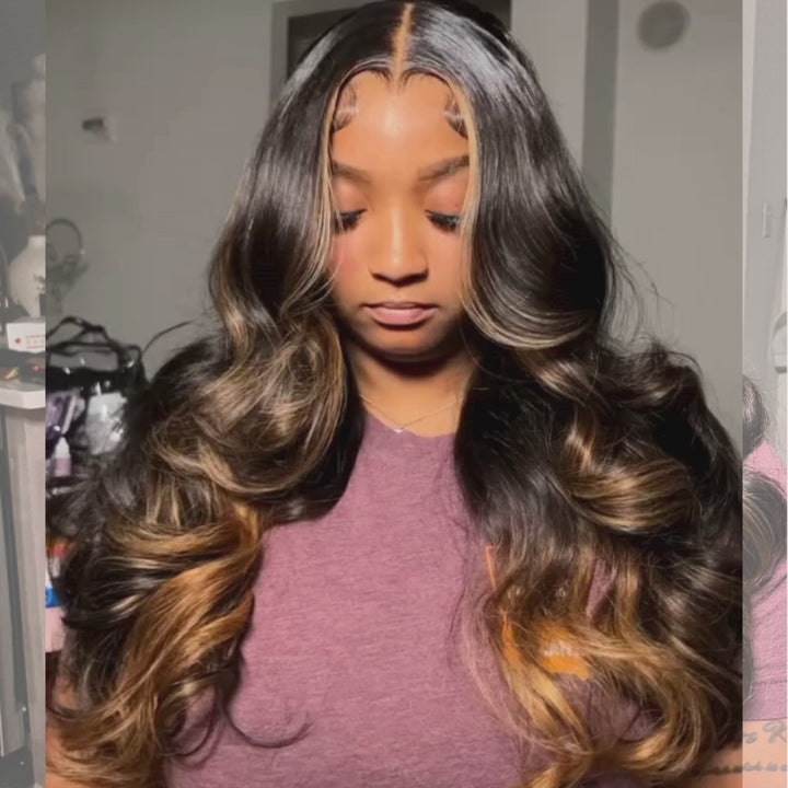 SZC Ombre Black Brown Skunk Stripe Highlights HD Lace Front Human Hair Wig