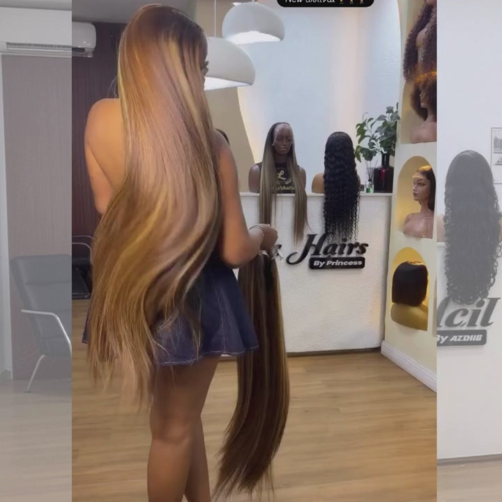 SZC Honey Blonde Brown Highlights 42 40 38 36 34 32 30 inch Knee Length 13x4 Lace Front Human Hair Wigs