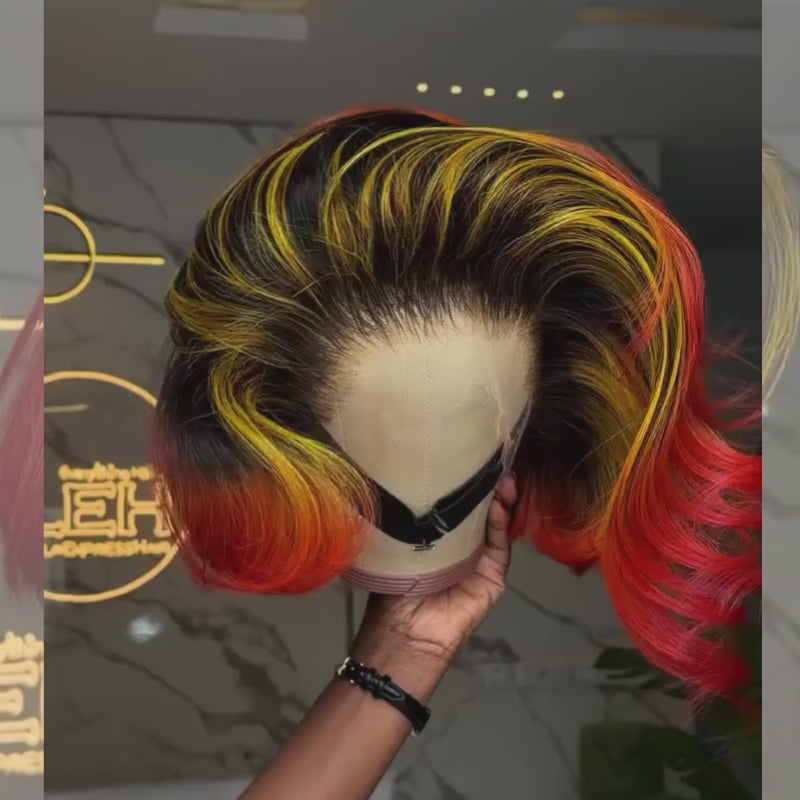 SZC Ombre Black Copper Red With Yellow Highlights 8 10 12 inch Short Bob 13x4 Lace Front Human Hair Wig