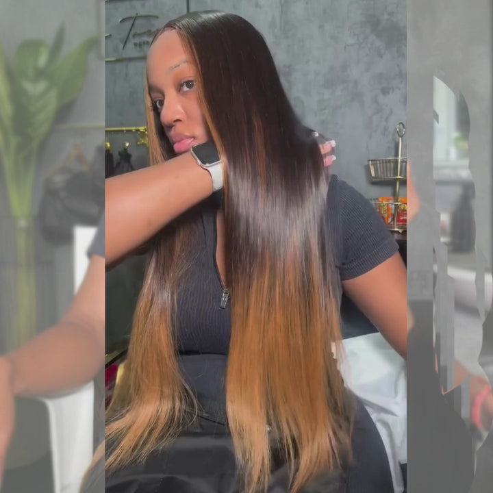 SZC Ombre Black Brown Skunk Stripe Bone Straight 13x4 Lace Front Virgin Human Hair Wigs