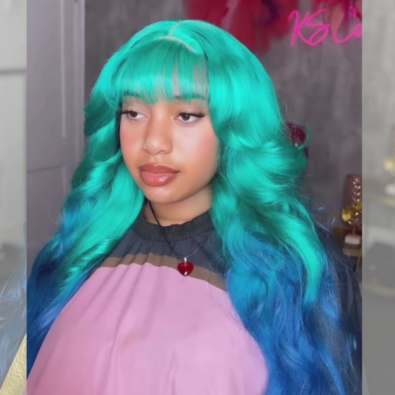 SZC Pastel Green Blue Straight Body Wave 13x4 Lace Front Virgin Human Hair Wigs