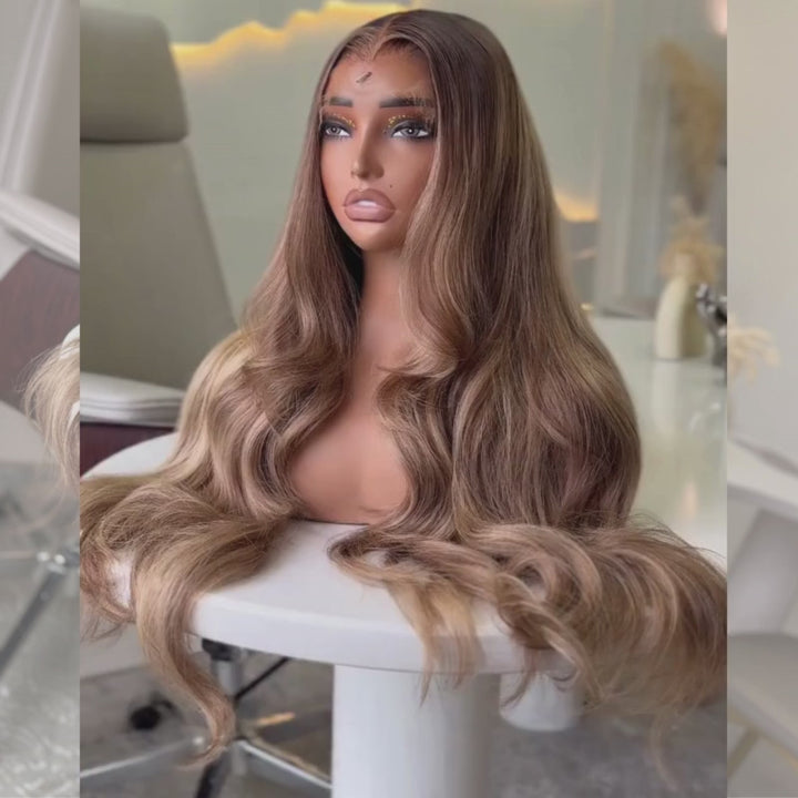 SZC Strawberry Honey Blonde Brown Highlights 13x4 Lace Front Virgin Human Hair Wigs