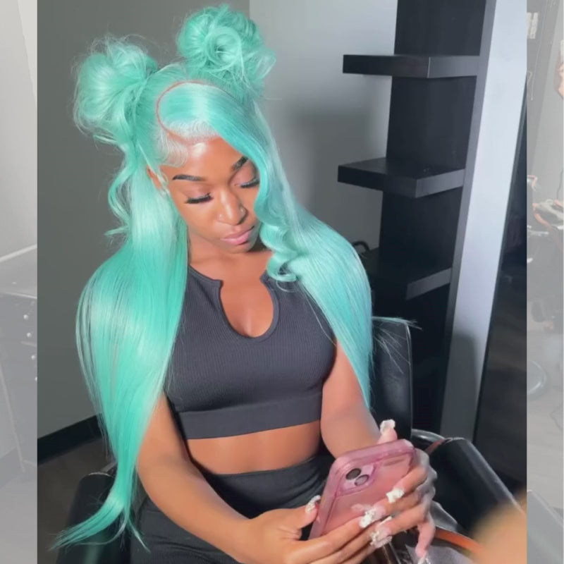 SZC 30 32 34 inch Pastel Green Transparent Lace Front Human Hair Wigs