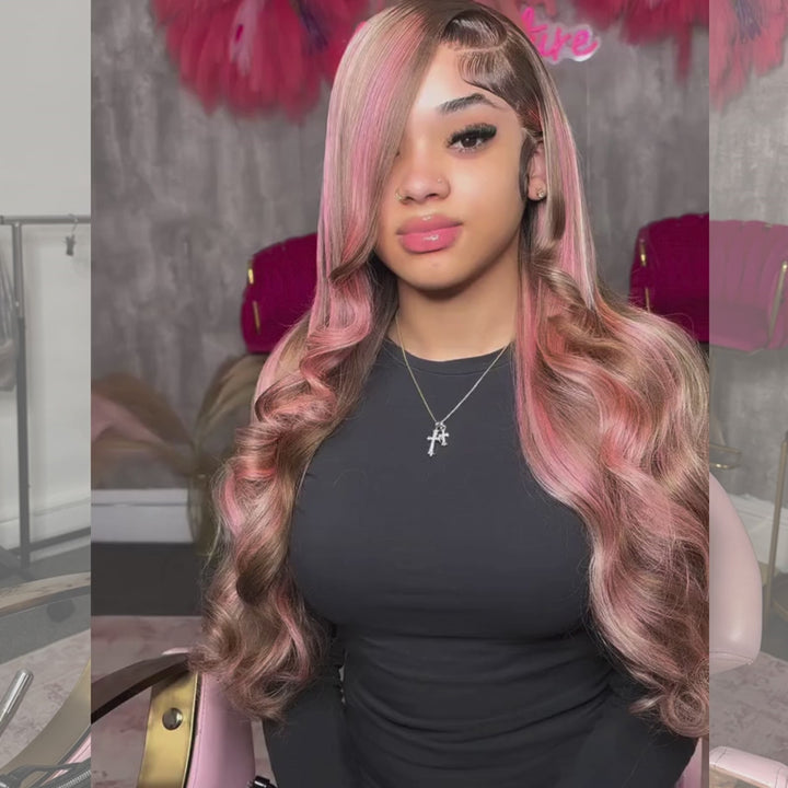 SZC Chocolate Brow Pink Highlight Streaks 13x4 Lace Front Virgin Human Hair Wig
