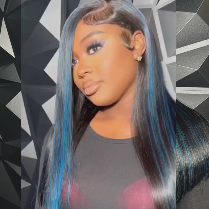 SZC Black With Blue Bone Straight Highlights 13x4 Lace Front Human Hair Wigs 200 Density