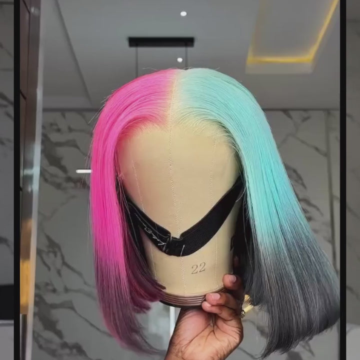 SZC Ombre Half Pink Half Green Black Split Dye 8 10 12 inch Short Bob 13x4 Lace Front Human Hair Wig