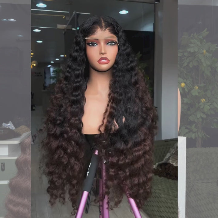 SZC Ombre Black Brown Loose Deep Wave Curls 300 Density 13x4 Lace Front Human Hair Wigs