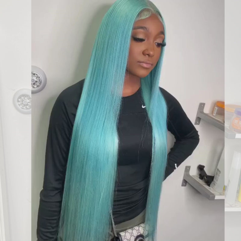SZC Aqua Blue Bone Straight  13x4 HD Lace Front Virgin Human Hair Wigs