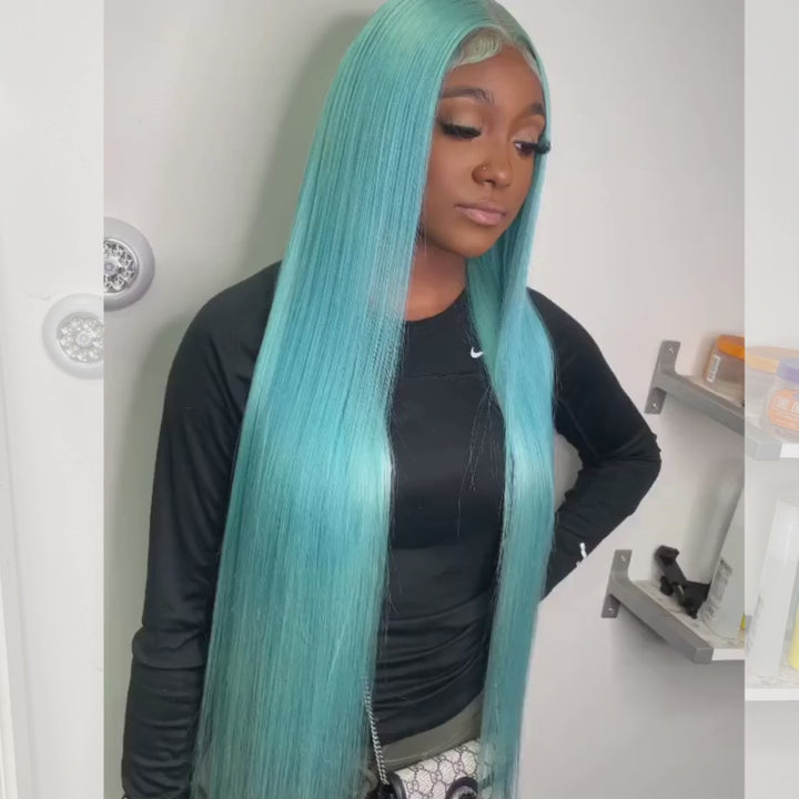 SZC Aqua Blue Bone Straight  13x4 HD Lace Front Virgin Human Hair Wigs